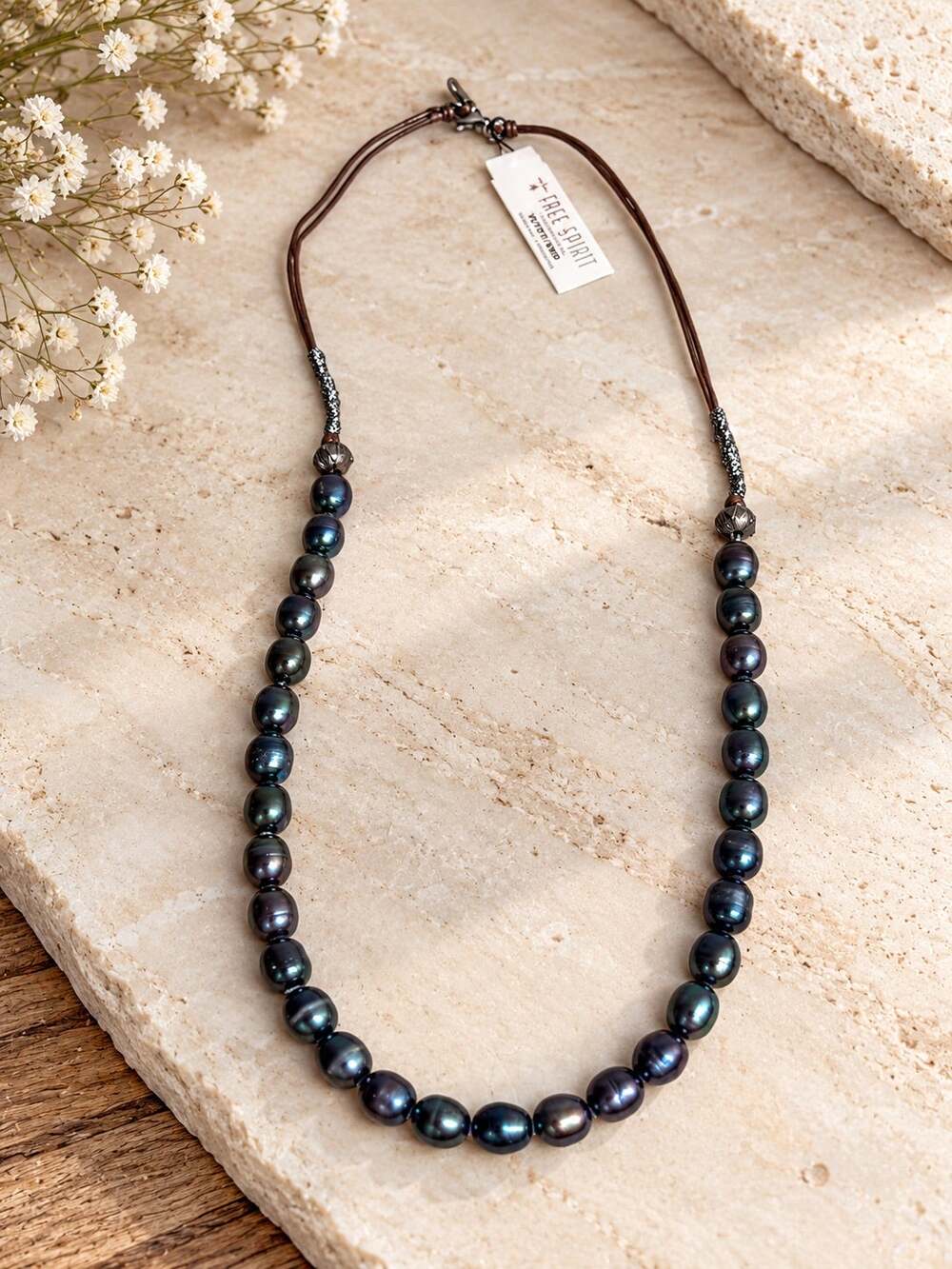 Peyote Bird Free Spirit 925 Sterling Silver Black Silver Pearl Necklace Boho